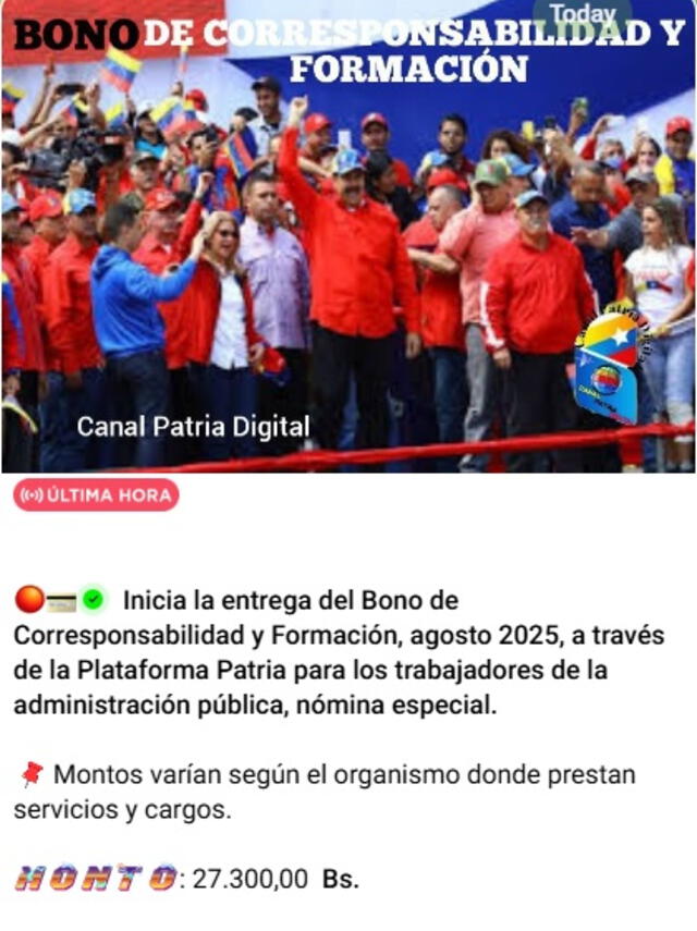 Anuncio del Bono Corresponsabilidad y Formación de agosto 2025. Foto: Canal Patria Digital Anuncio del Bono Corresponsabilidad y Formación de agosto 2025. Foto: Canal Patria Digital