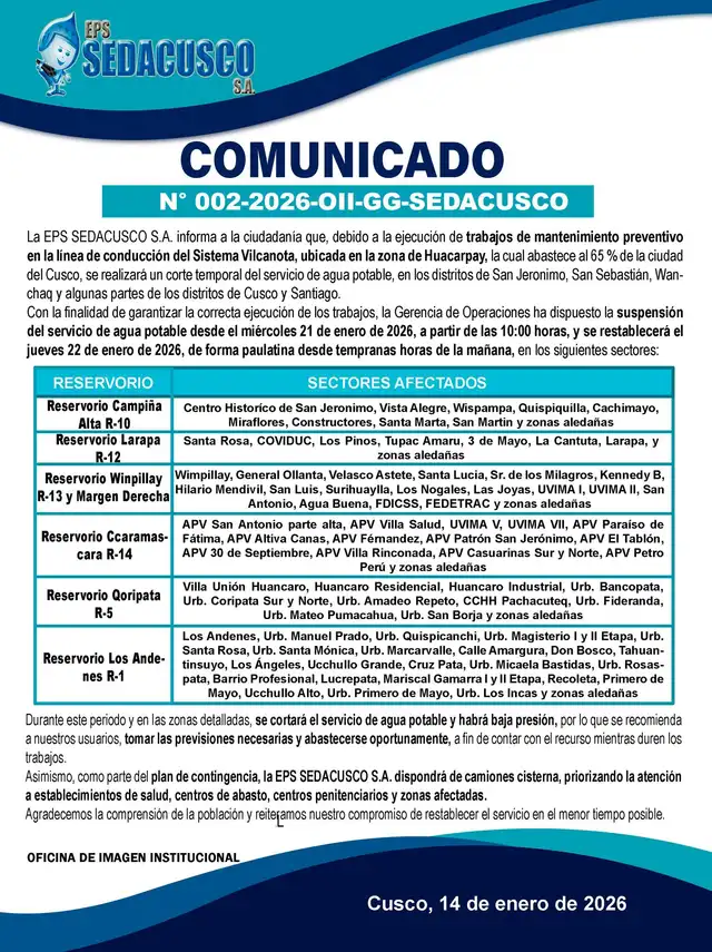 Corte de agua. Foto: Sedacusco   