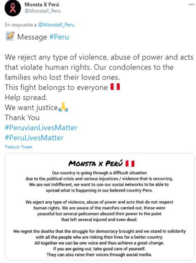 Monsta X Perú dejó su posición en inglés para conocimiento de sus seguidores internacionales. Foto: Twitter