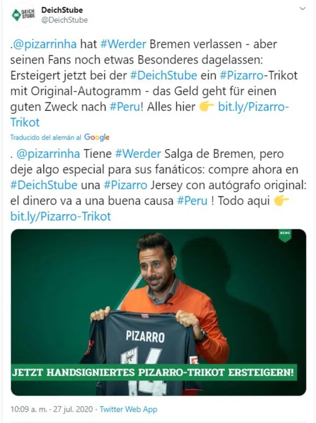 Claudio Pizarro pone en subasta su camiseta del Bremen para ayudar a niños albergue en el Perú