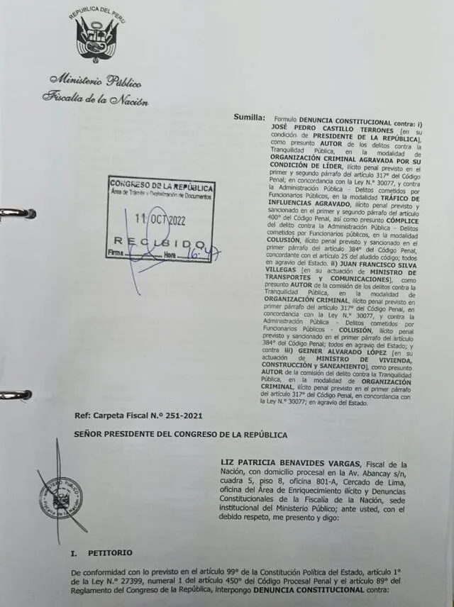 Denuncia presentada por la fiscal de la Nación, Patricia Benavides.