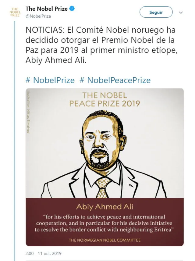 El Premio Nobel fue otorgado a Abiy Ahmed Ali.