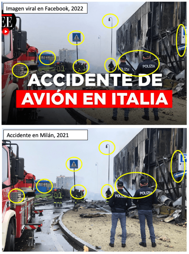 Comparación entre la imagen viral que muestra un supuesto accidente actual en Italia (arriba) y el evento que tuvo lugar en Milán, Italia, pero el 3 de octubre de 2021 (abajo). Fuente: Composición LR, Facebook, ABC 7 Amarillo.