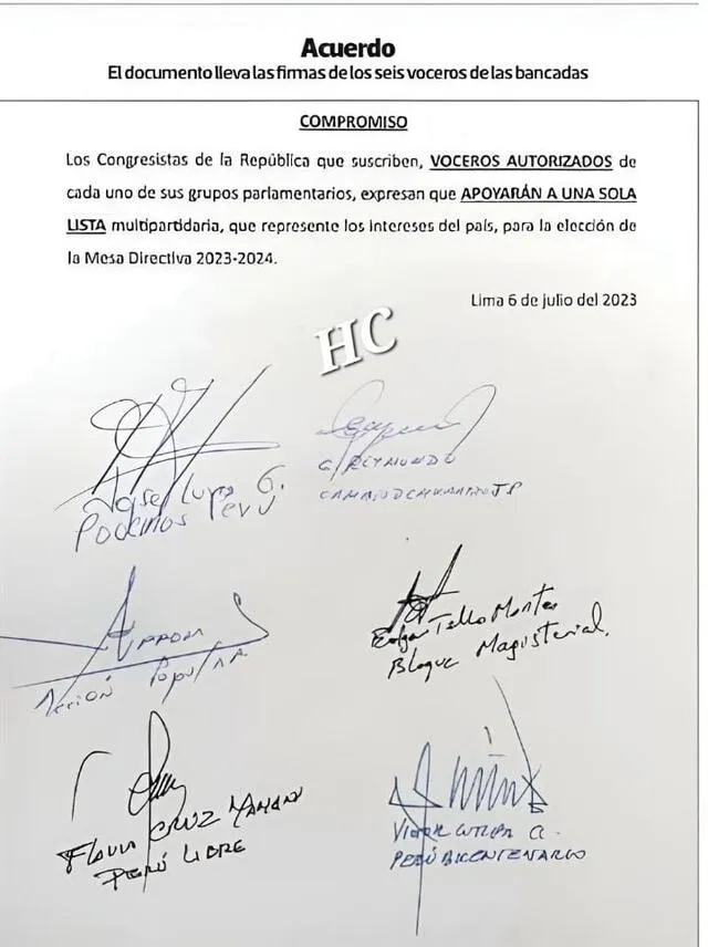  Seis voceros han firmado un acuerdo. Foto: fuentes de La República 