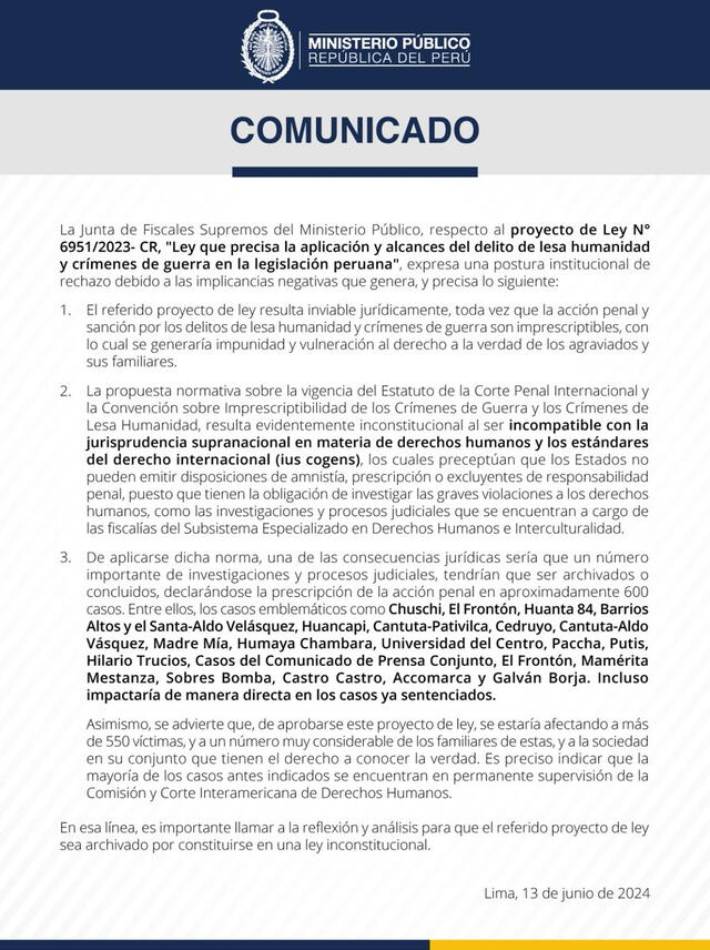 La Junta de Fiscales Supremos llama al Congreso a archivar la 'Ley de Amnistía' al ser un proyecto inconstitucional.   