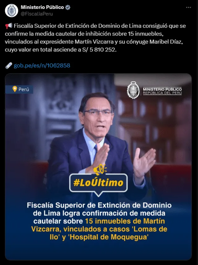  Fiscalía confirmó incautación de bienes contra expresidente Martín Vizcarra por caso Lomas de Ilo y Hospital Moquegua   