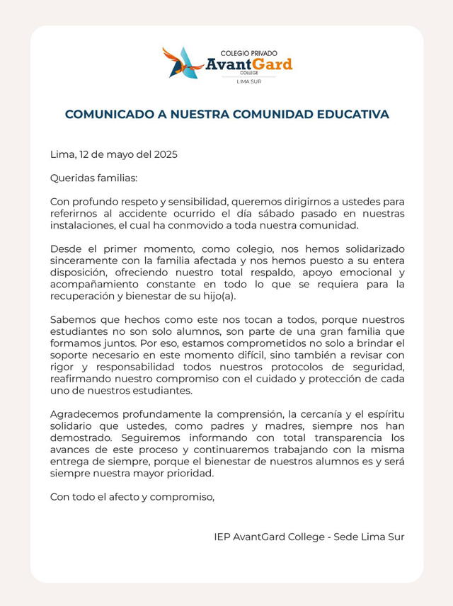 Comunicado del colegio privado AvantGard Lima Sur. Comunicado del colegio privado AvantGard Lima Sur.