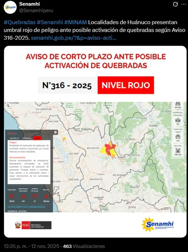 Alerta roja en Huánuco y Ucayali. Fuente: Senamhi Alerta roja en Huánuco y Ucayali. Fuente: Senamhi