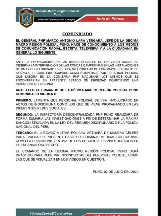 Comunicado Policía Puno.