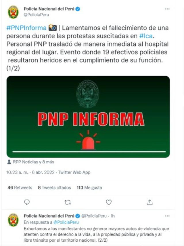 Respuesta de PNP sobre la muerte de uno de los manifestantes en la Panamericana Sur. Foto: Captura Twitter.