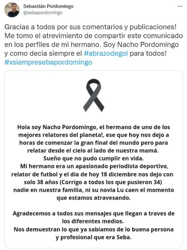 El hermano de Sebastián Pordomingo usó la cuenta oficial del periodista para agradecer los mensajes de condolencia. Foto: captura de @sebapordomingo