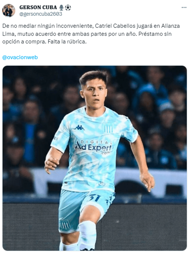  Acuerdo entre Alianza Lima y Racing por Catriel Cabellos. Foto: Twitter/Gerson Cuba.   