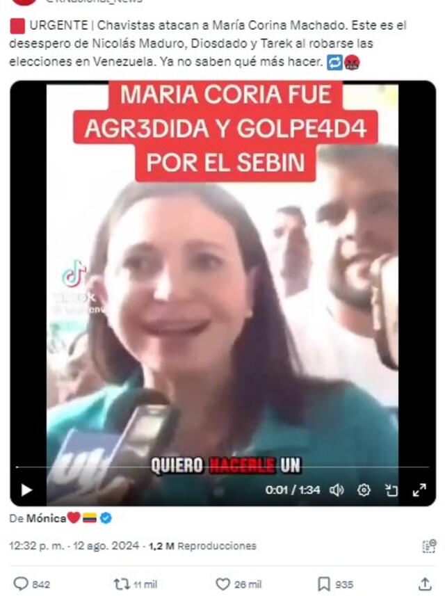  Desinformación sobre María Corina Machado. Foto: captura en X.&nbsp;<br>   