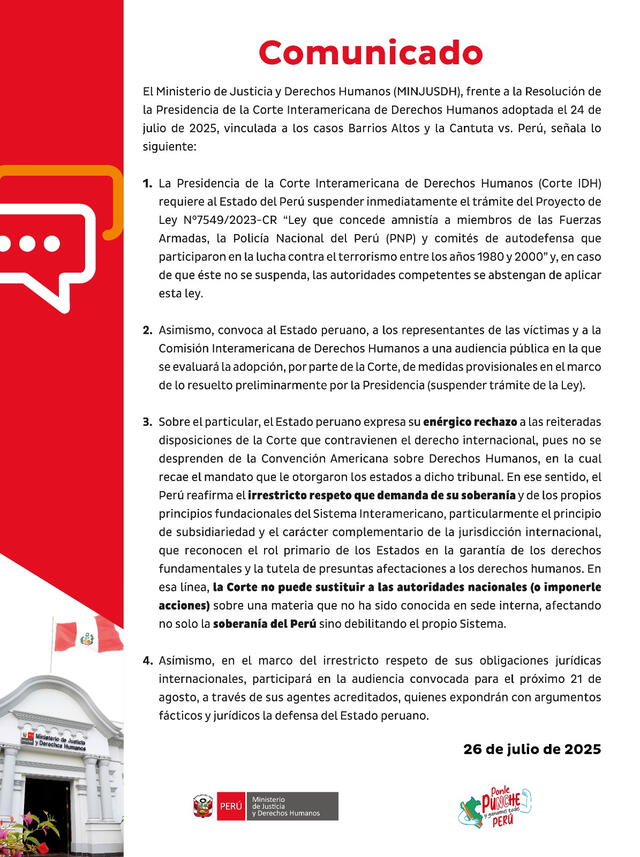 Comunicado del Ministerio de Justicia. Foto: difusión Comunicado del Ministerio de Justicia. Foto: difusión