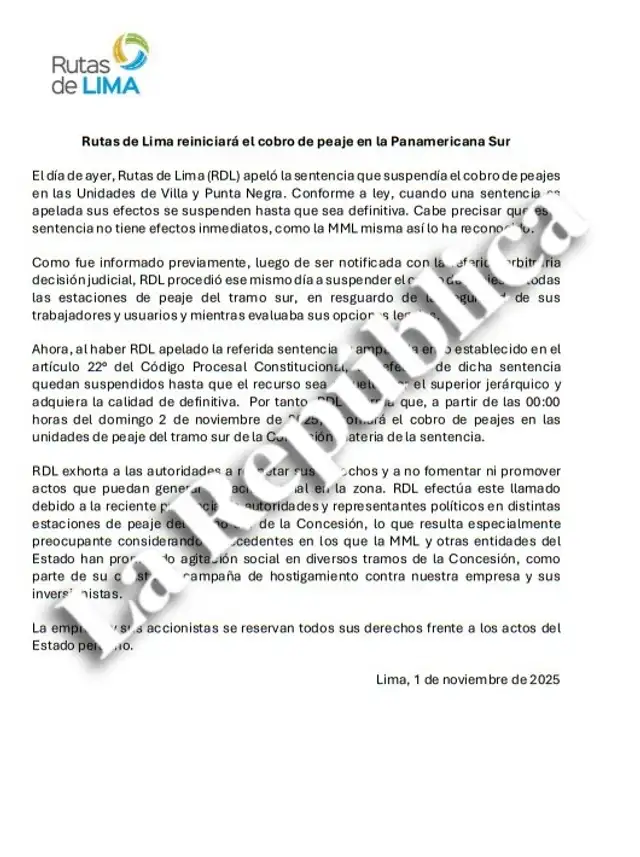Comunicado de Rutas de Lima