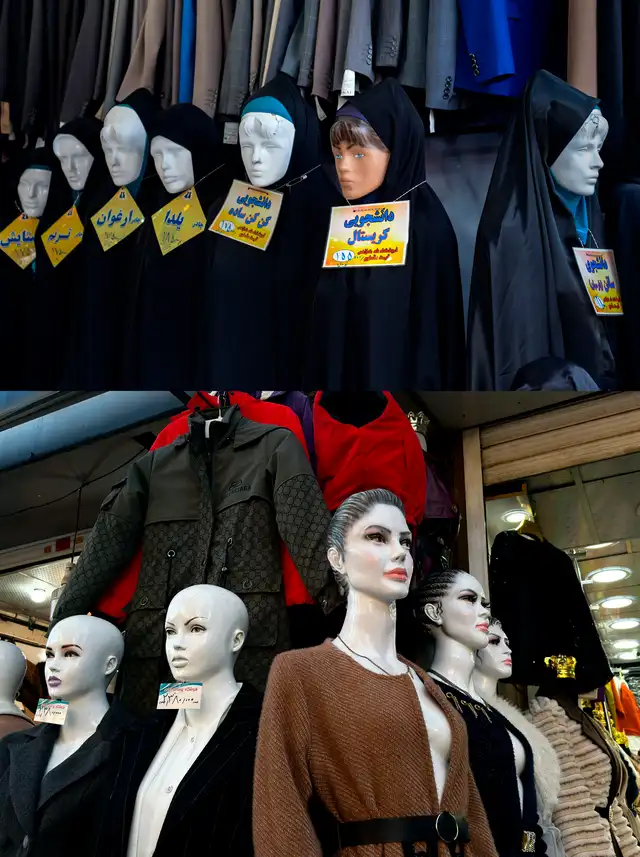 Imagen superior 2018, inferior 2025. En los centros comerciales los maniquíes han dejado de promocionar los velos. Fotos: Jorge Pezantes  