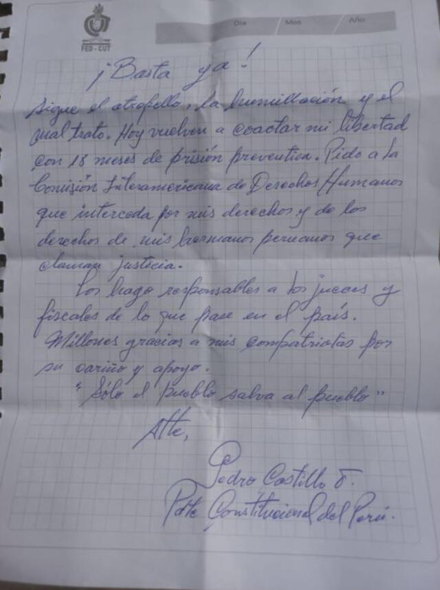 Nueva carta de Pedro Castillo.