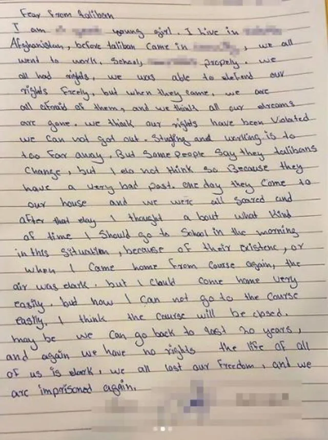 Carta de la adolescente en Afganistán. Foto: captura/Instagram
