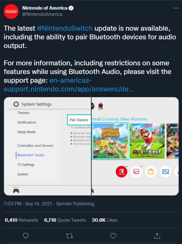 Así anunció Nintendo su actualización. Foto: Twitter