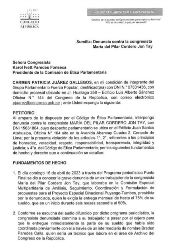  Documento enviado por la congresista Patricia Juárez a la presidenta de la Comisión de Ética. Foto: captura/Twitter   