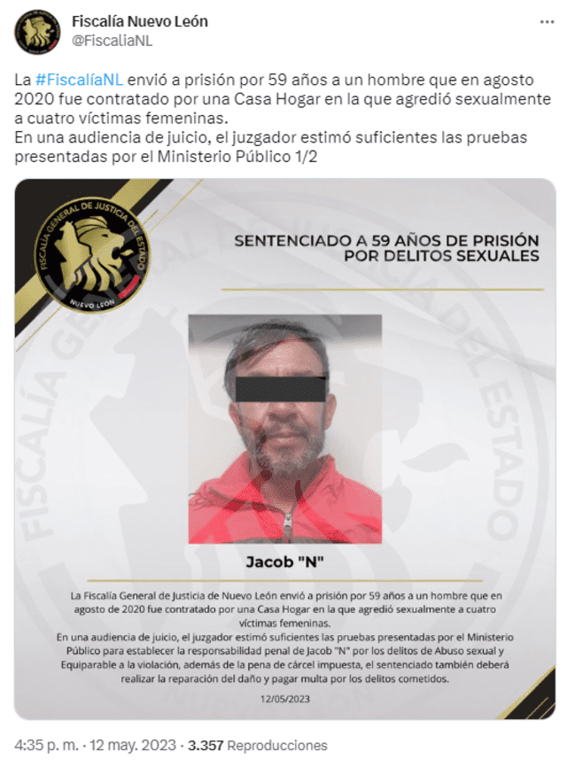  Comunicado de la Fiscalía Nuevo León sobre el caso. Foto: @FiscaliaNL / Twitter<br>    