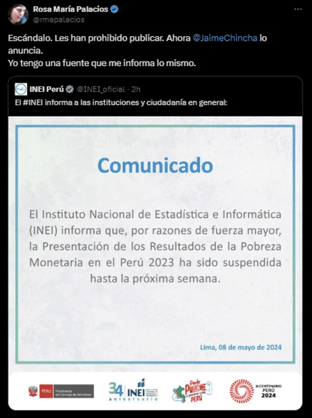 Publicación de Rosa María Palacios sobre informe de INEI. Foto: captura X   