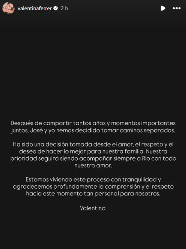 Publicación de Valentina Ferrer anunciando el fin de su relación con J Balvin. Foto: Instagram. Publicación de Valentina Ferrer anunciando el fin de su relación con J Balvin. Foto: Instagram.