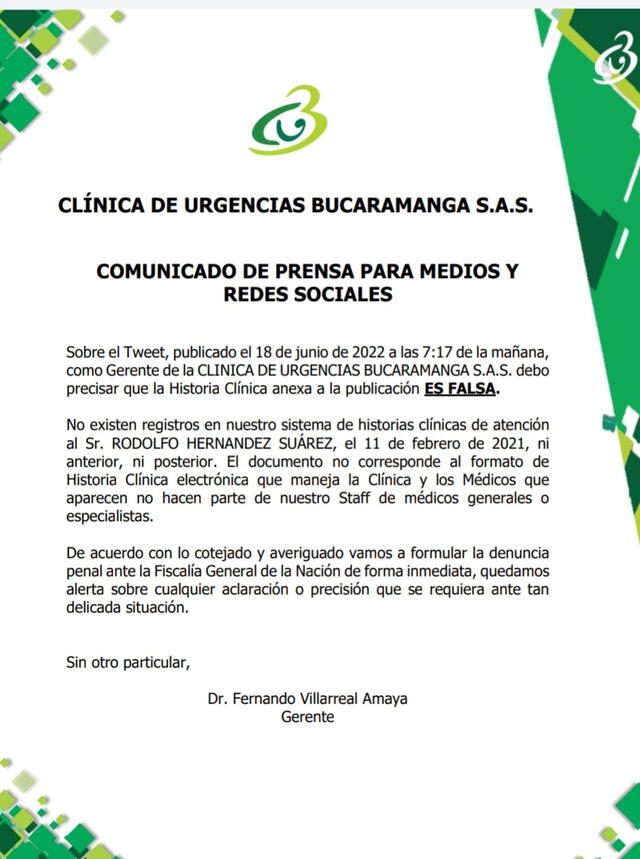 Comunicado Oficial de la Clínica de Urgencias Bucaramanga. Foto: CUB