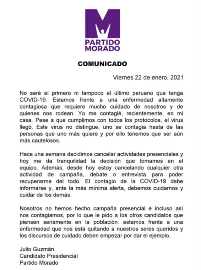 Julio Guzmán, candidato presidencial del Partido Morado, da positivo a COVID-19