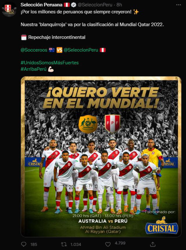 Publicación de la selección peruana antes de enfrentar a Australia. Foto: Captura Twitter @SeleccionPeru