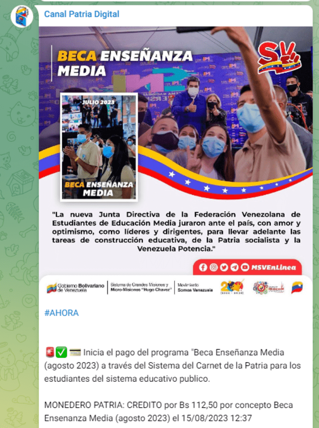 El último pago de la Beca Enseñanza Media fue anunciado el 15 de agosto. Foto: Canal Patria Digital/Telegram