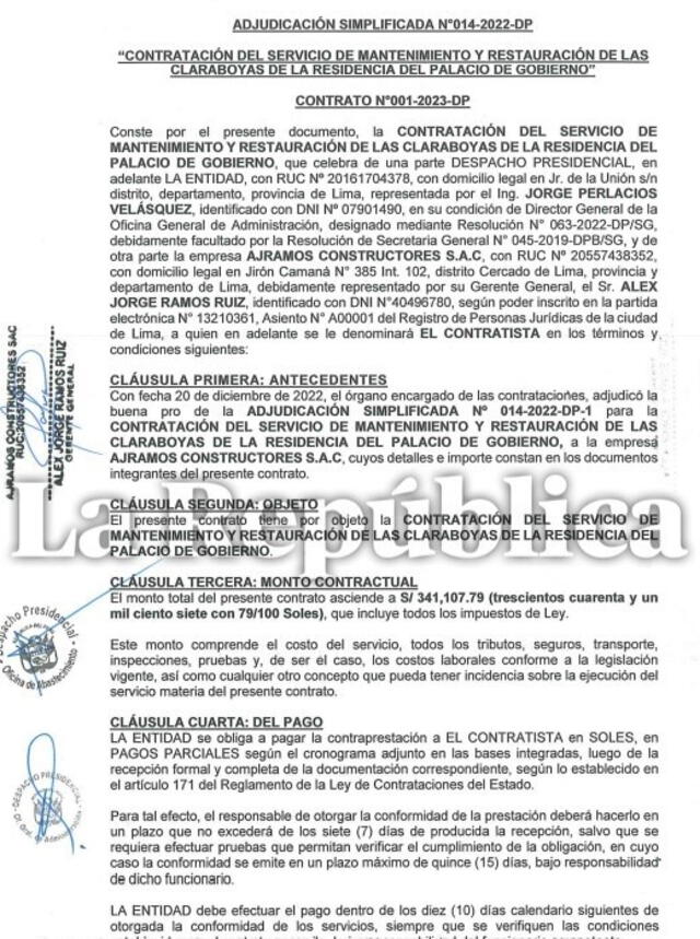 Contrato del Gobierno con la empresa AJRamos Constructores SAC. Foto: OSCE 