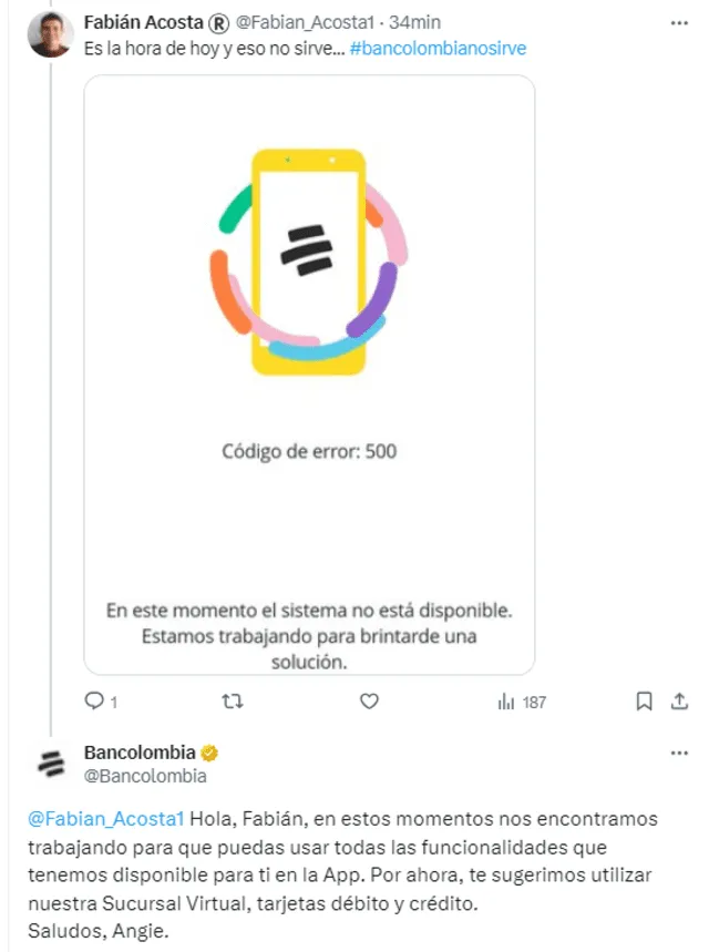 Usuario de Bancolombia reporta una falla en su sistema hoy, 5 de junio. Foto: X (antes Twitter)   