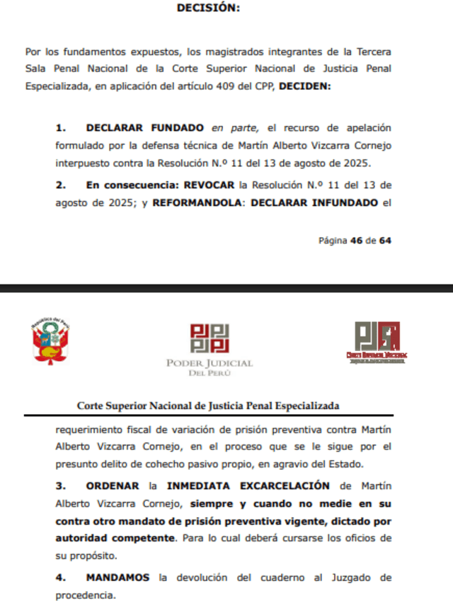  Resolución del Poder Judicial que ordena la liberación de Martín Vizcarra   