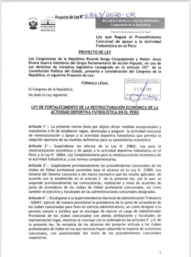Proyecto de ley que busca suspender los procesos concursales en Universitario, Alianza Lima, Melgar, Sport Boys y Cienciano.