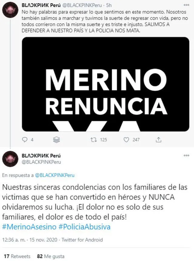 BLACKPINK Perú expresa sus condolencias el 14 de noviembre. Foto: captura Twitter