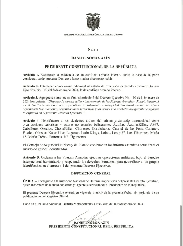 El presidente ecuatoriano Daniel Noboa firmó un decreto que declara a Ecuador en conflicto armado interno. Foto: @DanielNoboaOk/Twitter 