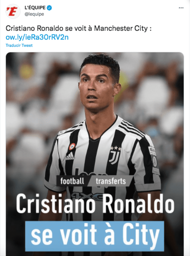 L'Équipe informó que el destino de Cristiano Ronaldo estaría en el Manchester City. Foto: captura twitter L'Équipe
