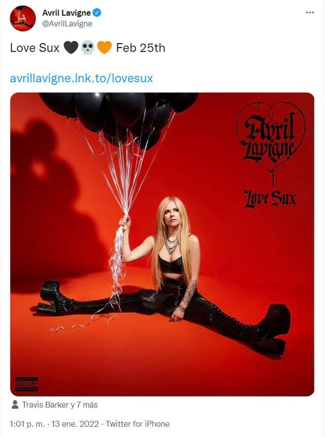 Avril Lavigne anunció en redes sociales la fecha de lanzamiento de Love Sux. Foto: captura de Twitter