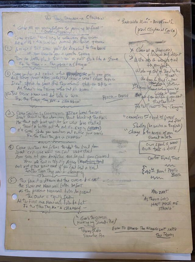 Fotografía del manuscrito de la canción "The times they are a-changin", de Bob Dylan. (Foto: Rolling Stone)
