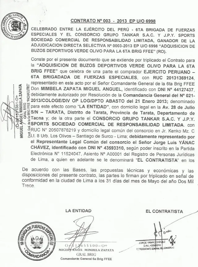 El segundo contrato a favor del general Jorge Yánac Chávez    