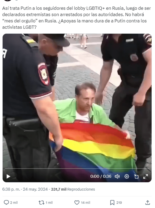  Desinformación asociada a la comunidad LGBTIQ+ en Rusia. Foto: captura en X.&nbsp;<br><br>    