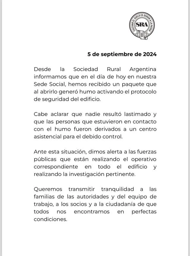 La Sociedad Rural Argentina publicó un comunicado informando sobre el estado de salud de los funcionarios que fueron trasladados y llevando calma tras el incidente. Foto: @SociedadRural/Twitter   