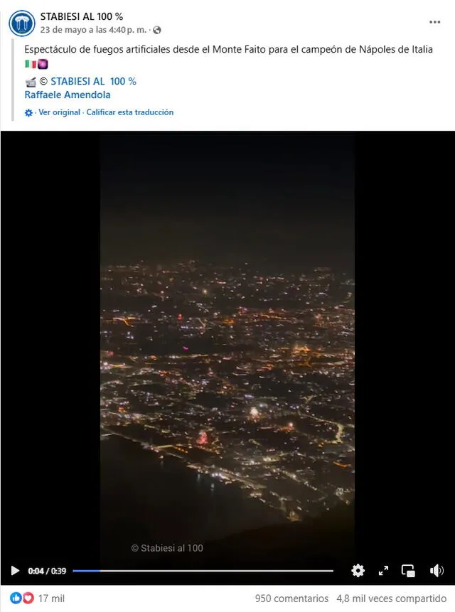 <em>Video publicado por la misma cuenta que sí corresponde al reciente éxito de Napoli. Foto: captura de Facebook</em>   