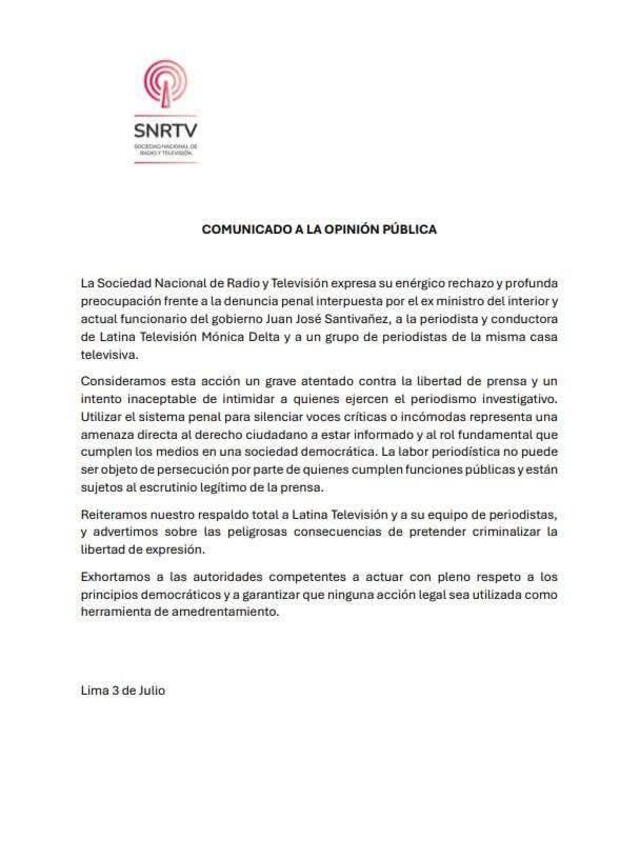 Pronunciamiento de SNRTV. Foto: SNRTV Pronunciamiento de SNRTV. Foto: SNRTV