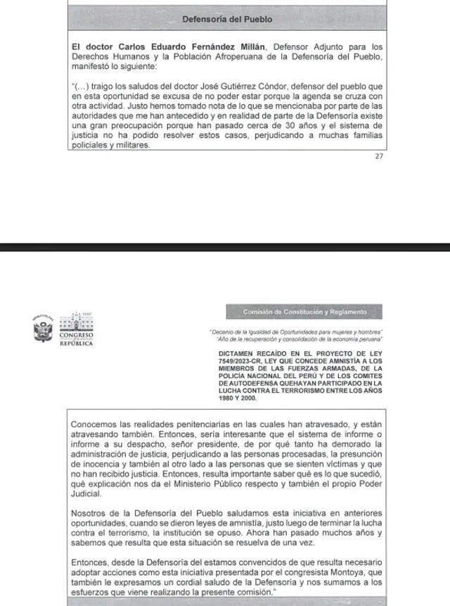 Observación técnica de la Defensoría del Pueblo favorable a la Ley de Amnistía para Policías y Militares. Observación técnica de la Defensoría del Pueblo favorable a la Ley de Amnistía para Policías y Militares.