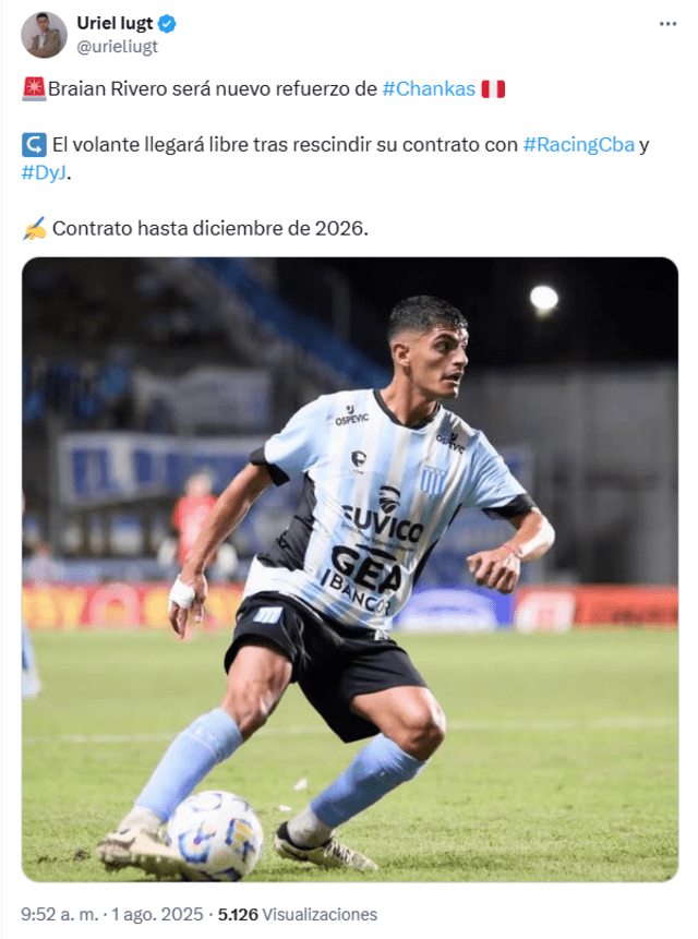 Uriel Lugt anunció el fichaje de Braian Rivero. Foto: vía X Uriel Lugt anunció el fichaje de Braian Rivero. Foto: vía X