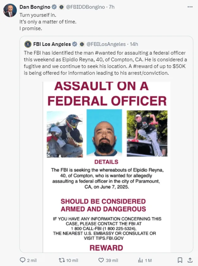 ‘Turn yourself in,’ tweeted FBI Deputy Director Dan Bongino, as the Los Angeles office offers a $50,000 reward for information on the suspect who threw rocks at officers during the protest. Photo: Dan Bongino X account ‘Turn yourself in,’ tweeted FBI Deputy Director Dan Bongino, as the Los Angeles office offers a $50,000 reward for information on the suspect who threw rocks at officers during the protest. Photo: Dan Bongino X account