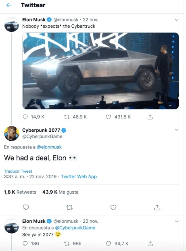 Elon Musk y los creadores de Cyberpunk 2077 (videojuego para el 2020) ironizando sobre el Tesla Cybertruck.