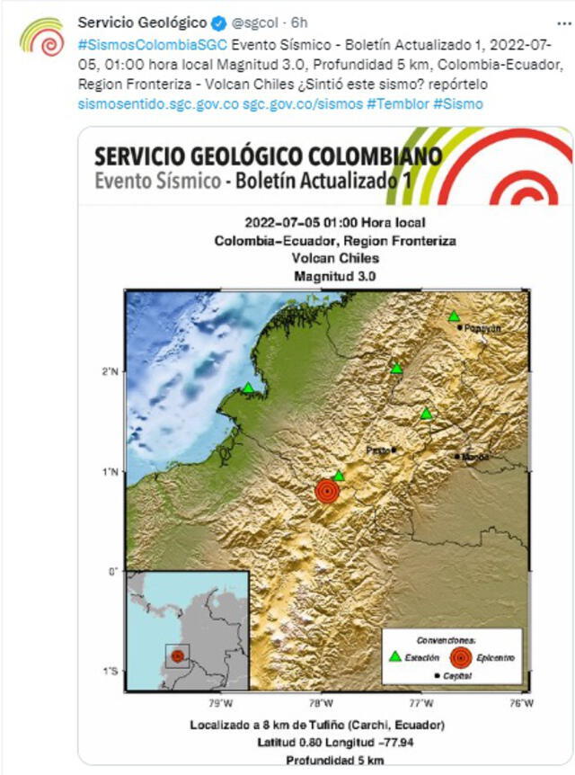 Servicio Geológico Colombiano reportó que el último sismo registrado en dicho país se dio en el norte del país. Foto: captura/ Twitter